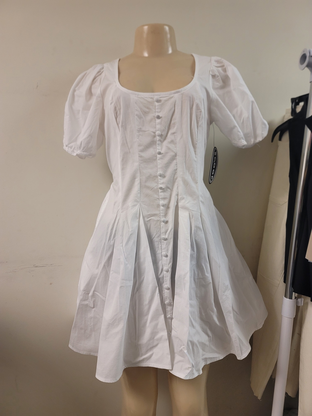 White Puff Sleeve Button-Front Dress